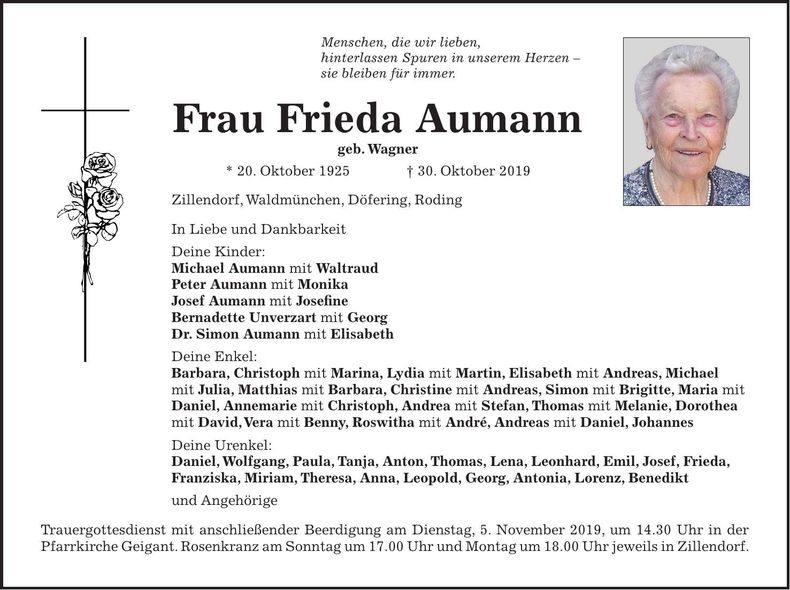 Traueranzeige Frieda Aumann