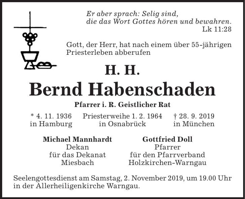 Traueranzeige Bernd Habenschaden