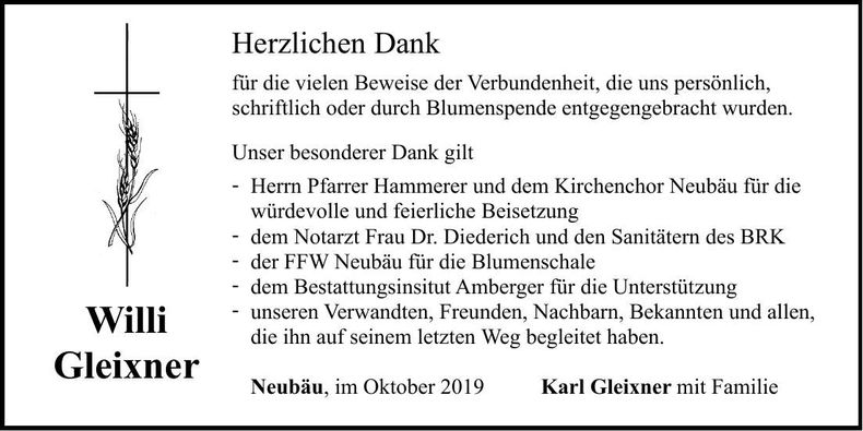 Traueranzeige Willi Gleixner
