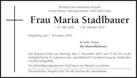 Traueranzeige Maria Stadlbauer
