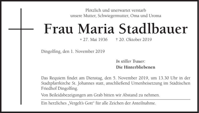 Traueranzeige Maria Stadlbauer