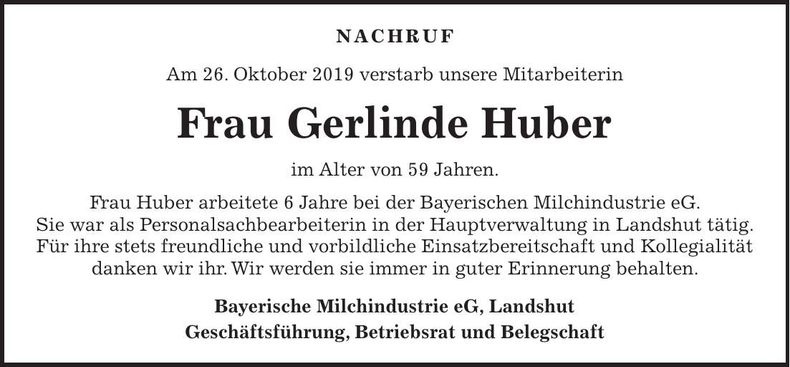 Traueranzeige Gerlinde Huber