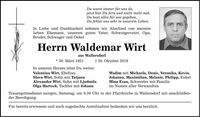 Traueranzeige Waldemar Wirt