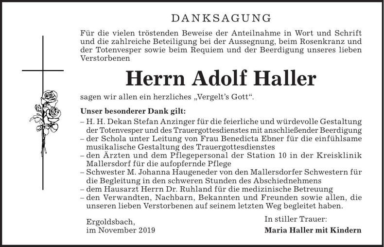 Traueranzeige Adolf Haller