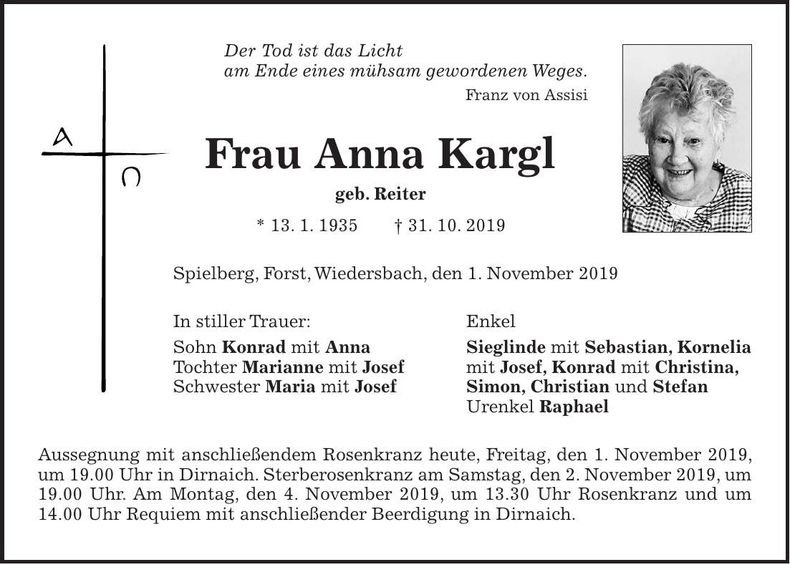 Traueranzeige Anna Kargl