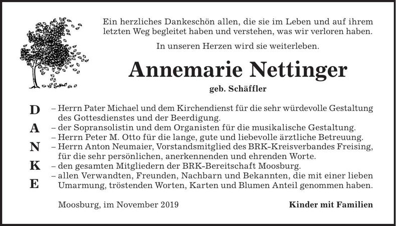 Traueranzeige Annemarie Nettinger