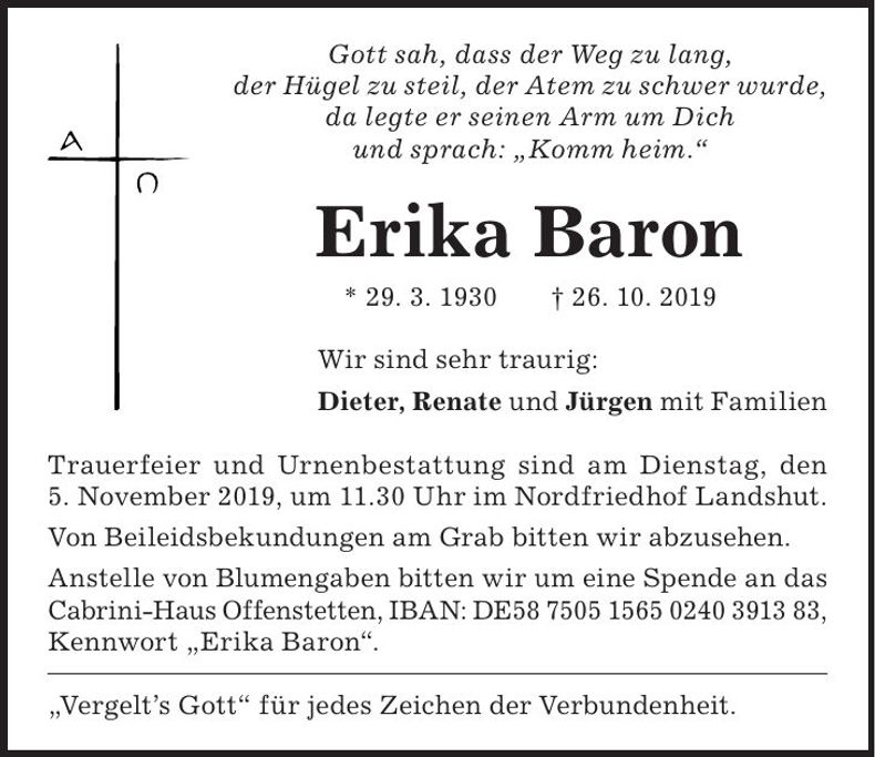 Traueranzeige Erika Baron