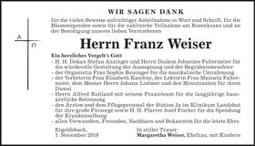 Traueranzeige Franz Weiser