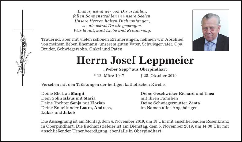 Traueranzeige Josef Leppmeier