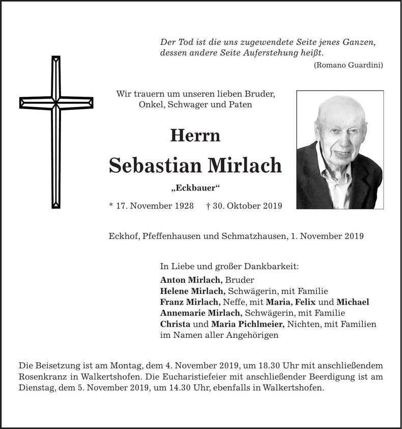 Traueranzeige Sebastian Mirlach