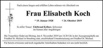 Traueranzeige Elisabeth Koch