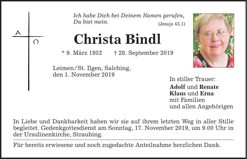 Traueranzeige Christa Bindl