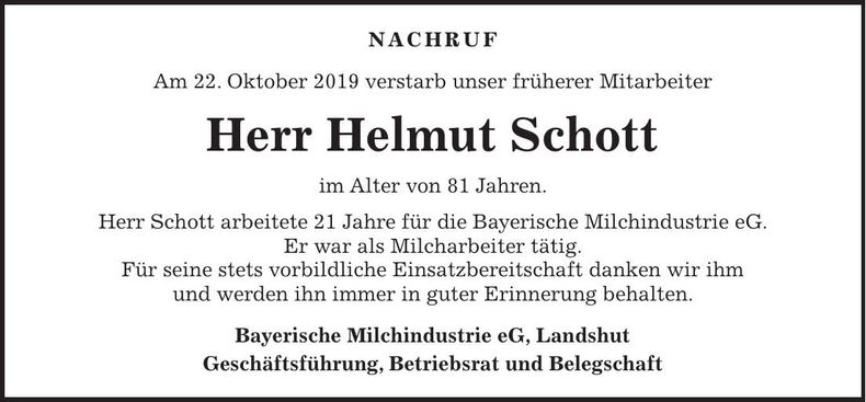 Traueranzeige Helmut Schott