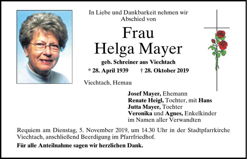 Traueranzeige Mayer Helga