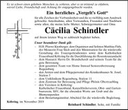 Traueranzeige Cäcilia Schindler
