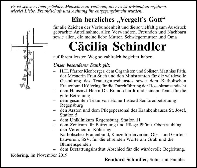 Traueranzeige Cäcilia Schindler