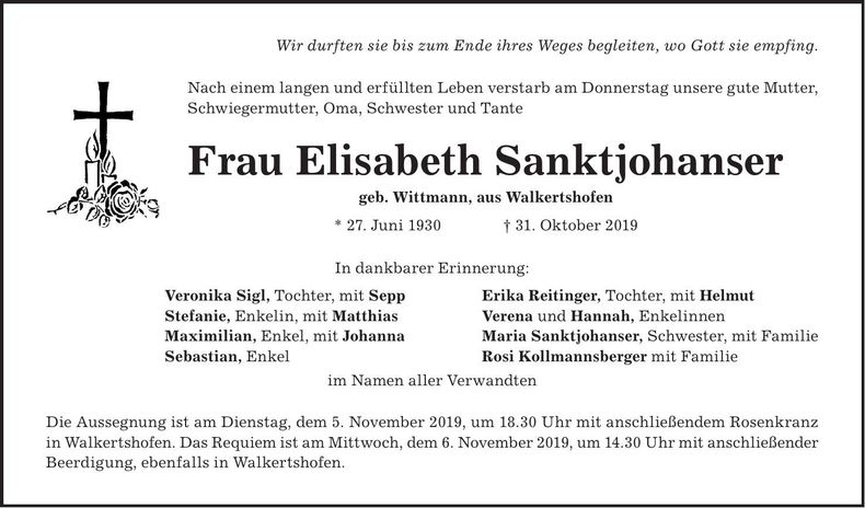 Traueranzeige Elisabeth Sanktjohanser