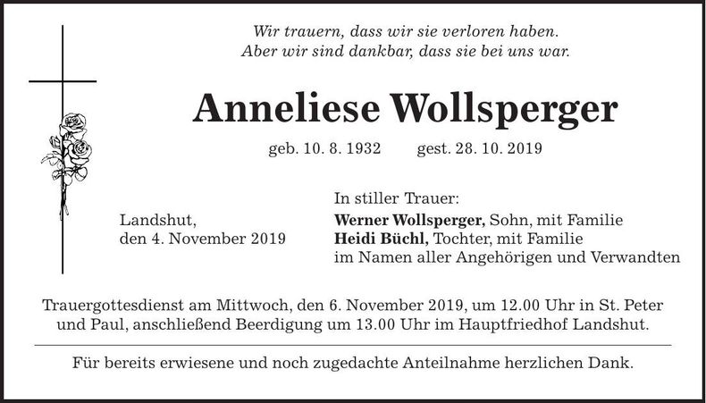 Traueranzeige Anneliese Wollsperger