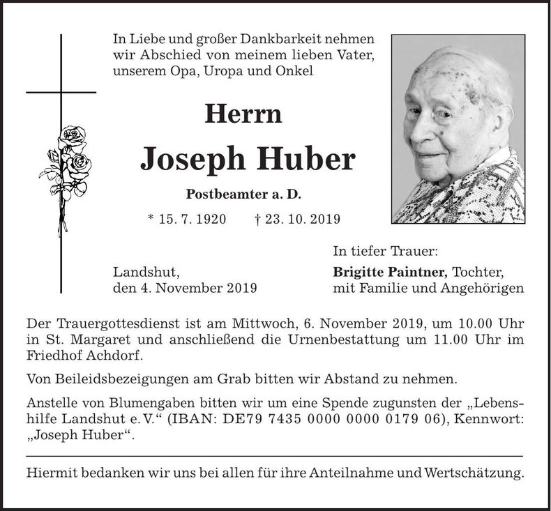 Traueranzeige Joseph Huber