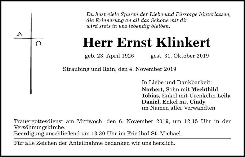 Traueranzeige Ernst Klinkert