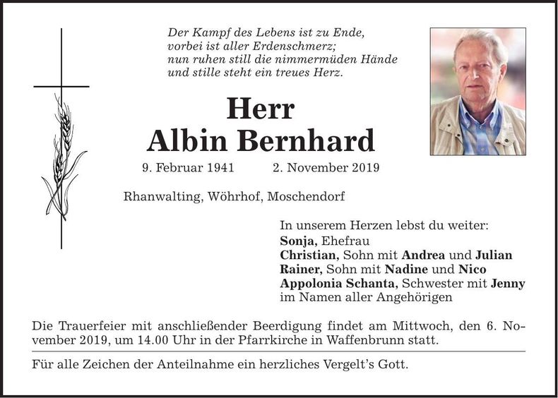 Traueranzeige Albin Bernhard
