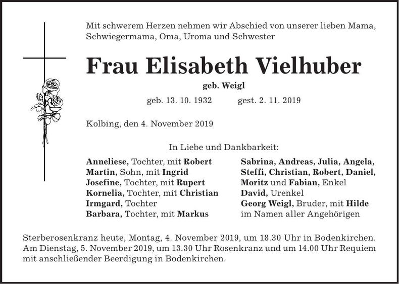 Traueranzeige Elisabeth Vielhuber