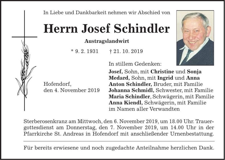 Traueranzeige Josef Schindler