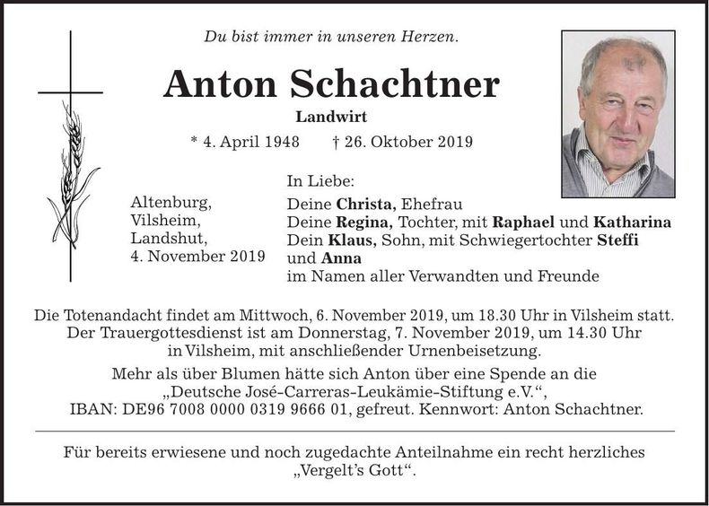 Traueranzeige Anton Schachtner