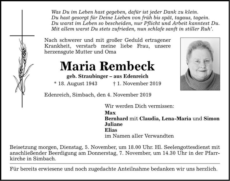 Traueranzeige Maria Rembeck