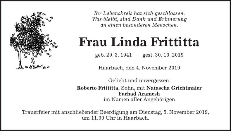 Traueranzeige Linda Frittitta