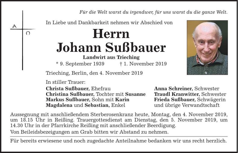 Traueranzeige Johann Sußbauer