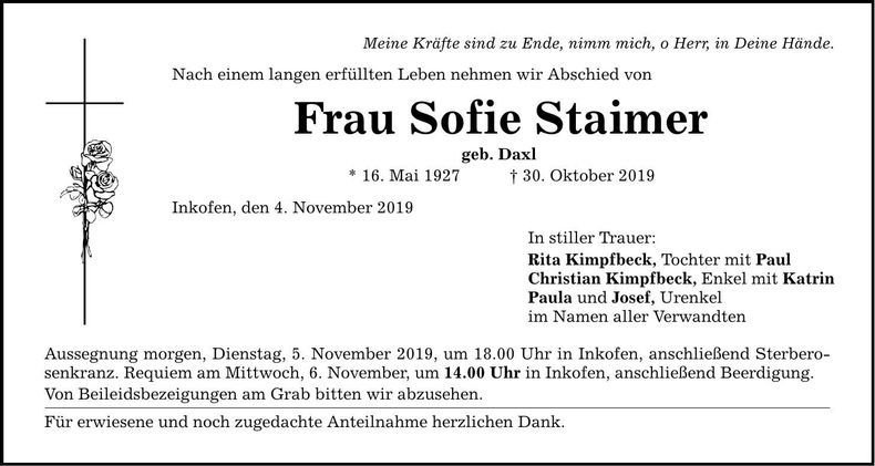 Traueranzeige Sofie Staimer