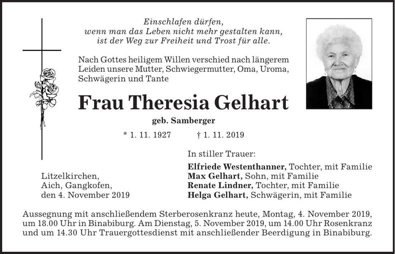 Traueranzeige Theresia Gelhart