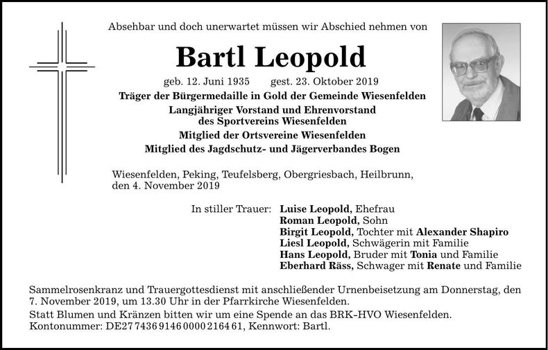 Traueranzeige Leopold Bartl