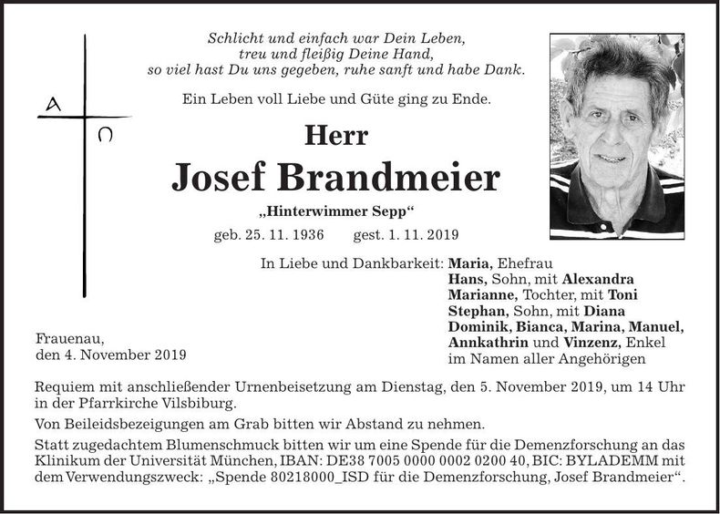 Traueranzeige Josef Brandmeier
