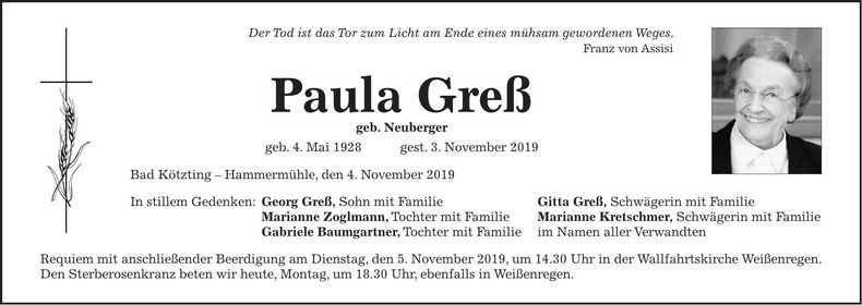 Traueranzeige Paula Greß