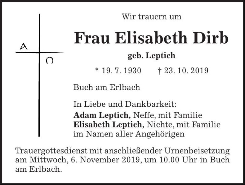 Traueranzeige Elisabeth Dirb