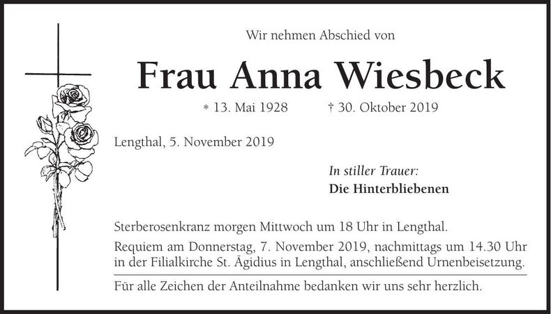 Traueranzeige Anna Wiesbeck