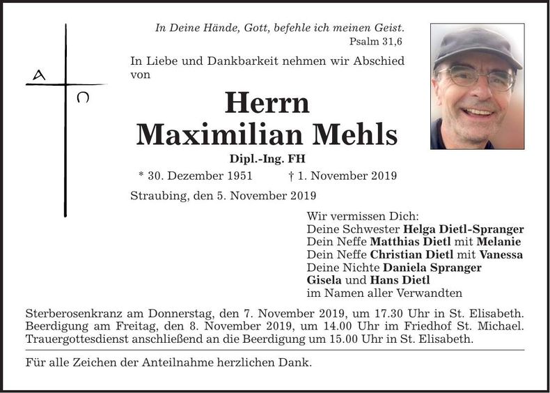Traueranzeige Maximilian Mehls