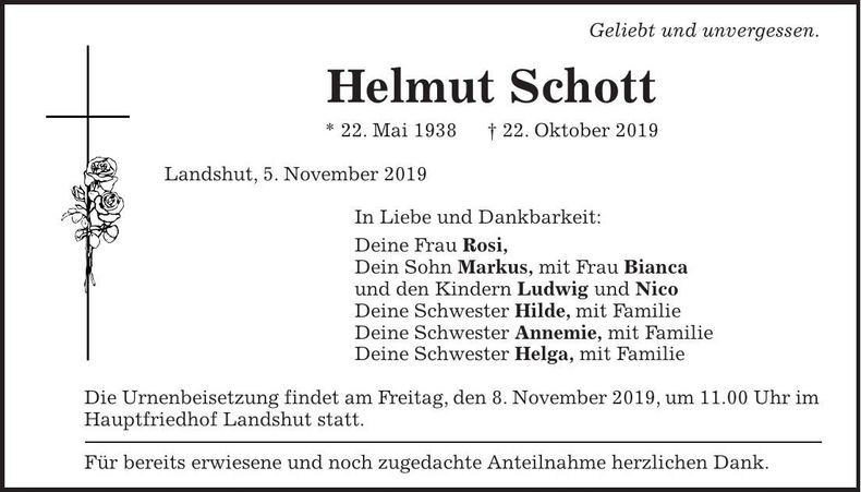 Traueranzeige Helmut Schott