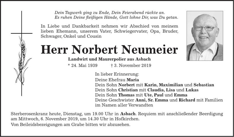 Traueranzeige Norbert Neumeier