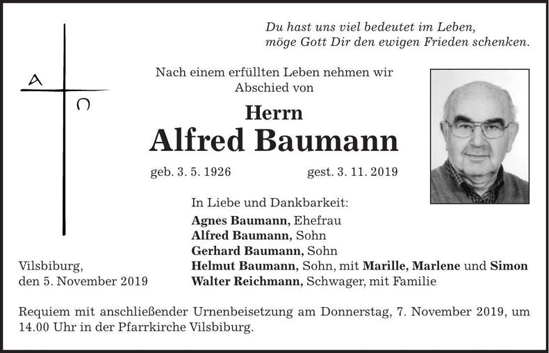 Traueranzeige Alfred Baumann