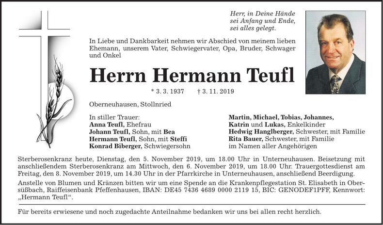 Traueranzeige Hermann Teufl