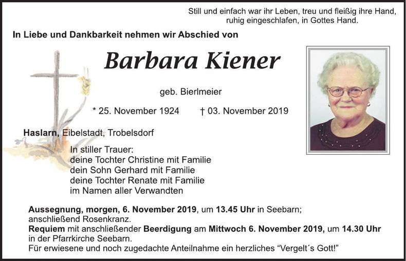 Traueranzeige Kiener Barbara