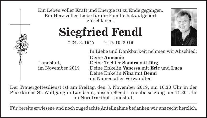 Traueranzeige Siegfried Fendl