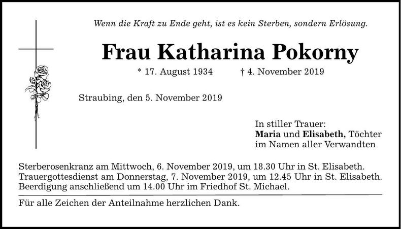 Traueranzeige Katharina Pokorny