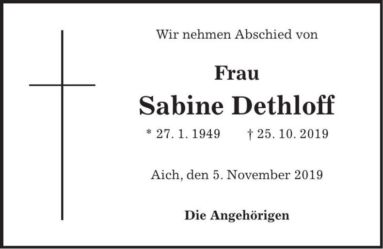 Traueranzeige Sabine Dorothea Dethloff