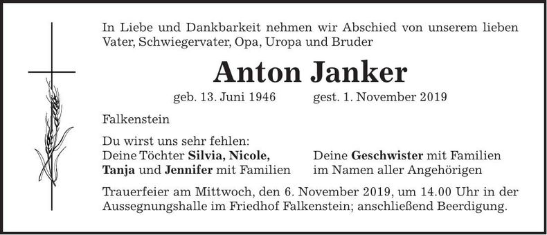 Traueranzeige Anton Janker