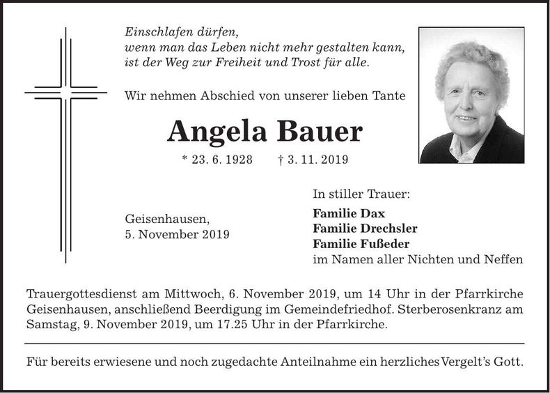 Traueranzeige Angela Bauer