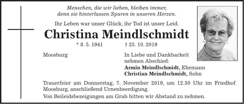 Traueranzeige Christina Meindlschmidt